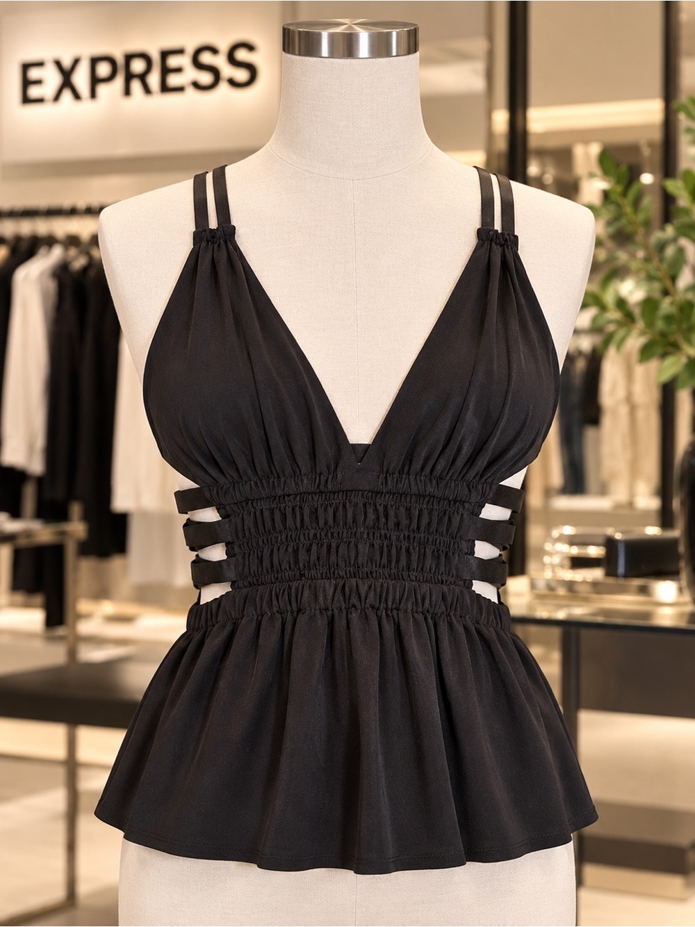 Express Black Strappy Cutout Smocked Waist Peplum Top Size Small